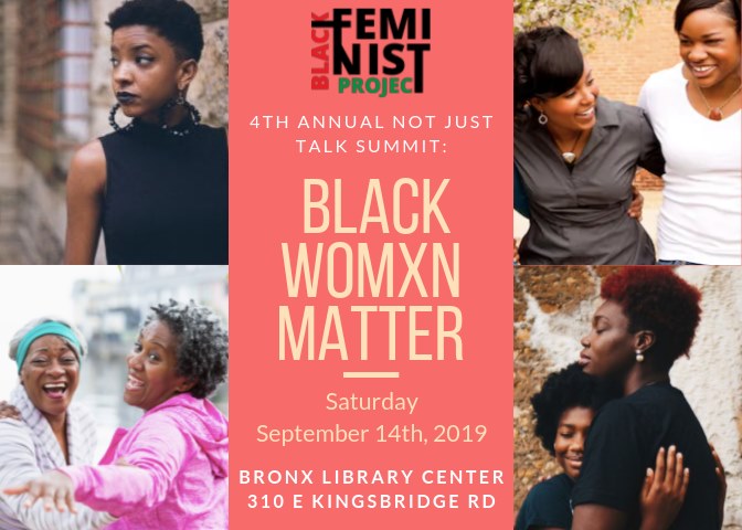 Four photos of black women and information for the Black Womxn Matter event, from September 14, 2019