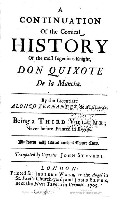 Title page of the False Quixote, written by Alonso Fernandez de Avellaneda in 1614 and translated into English in 1705