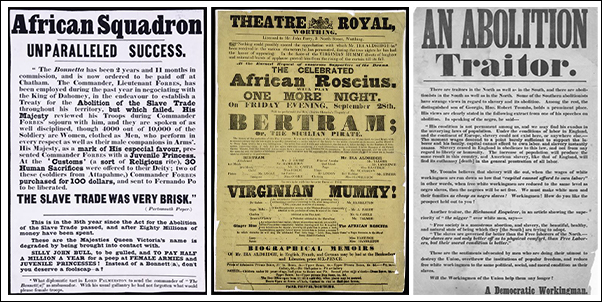 Three vintage poster discussing slavery, theater, and abolition.