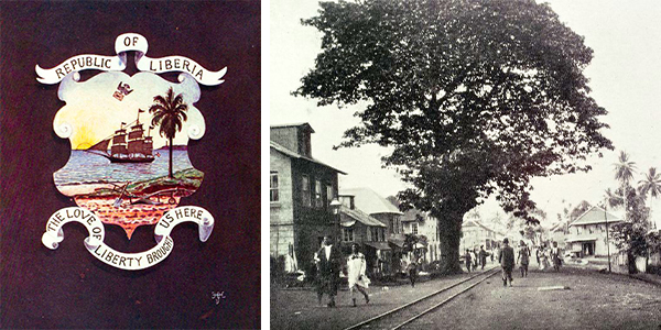 Photo of the shield, emblem and motto of Liberia from a 1906 book. A screen scene of Sierra Leone in 1905.